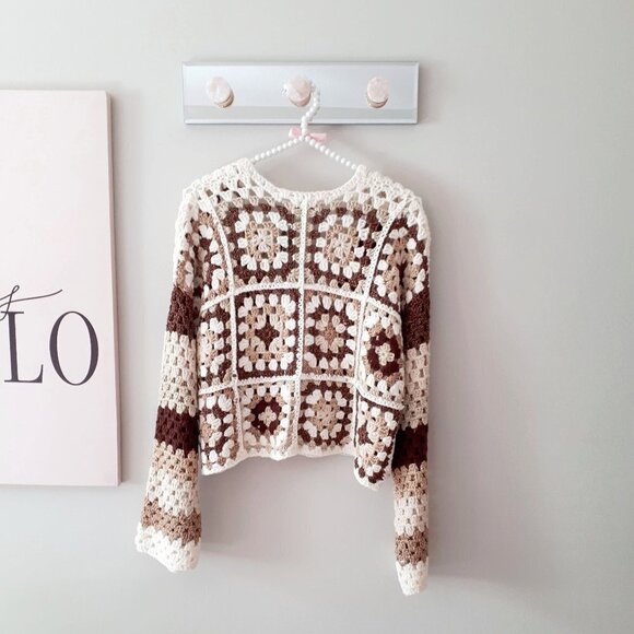 NWT Misskoo brown, cream, gold metallic fibre shimmer accent crochet cardigan - Picture 8 of 12